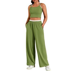 2 Piece Spaghetti Strap Crop Tank Tops Wide Leg Pants Tracksuit Green